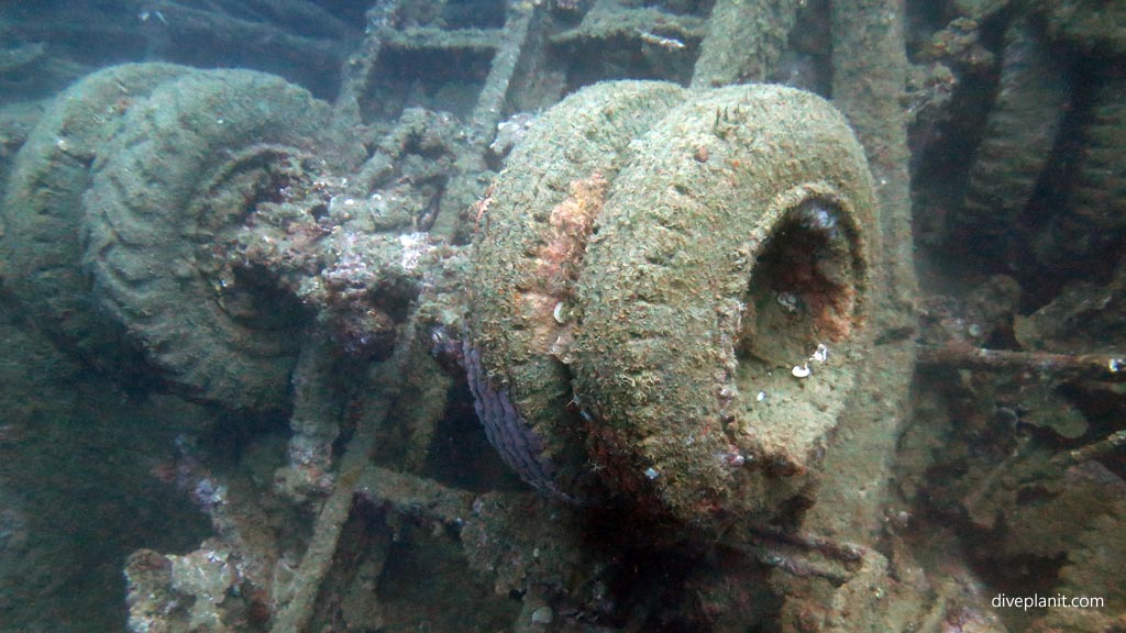 Rubber tyres have fared better than steel diving Million Dollar Point or Million Dollar Beach right next to SS President Coolidge at Espiritu Santo diving Vanuatu by Diveplanit
