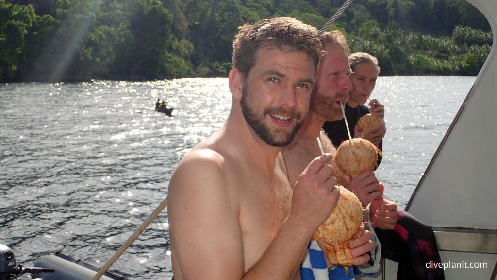 Refreshing coconuts on dive deck aboard MV Taka Solomon Islands Liveaboard Diveplanit Blog P064