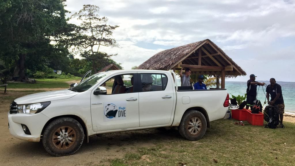 Pacific dive at espiritu hotel santo vanuatu unloading the truck