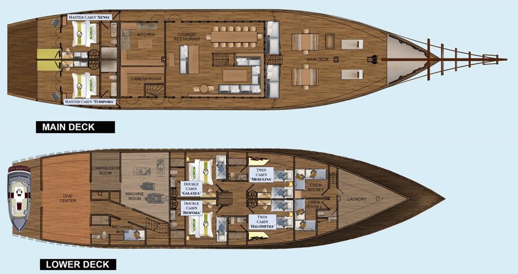 13 Coralia Liveaboard | Sustainable dive cruise in Raja Ampat - lower deck plans