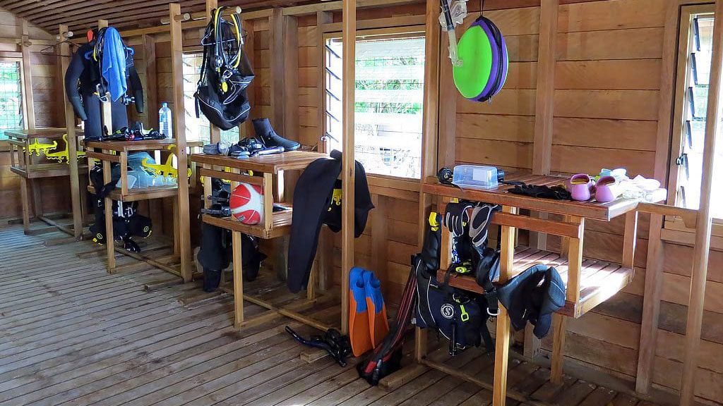 Uepi Dive Resort, Uepi Island, Solomon Islands / Solomons neat dive storage at the dive shop diveplanit 0029