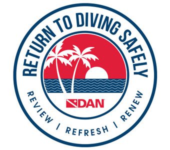 DAN emblem saying return to diving safely review refresh renew - relating to diving skills