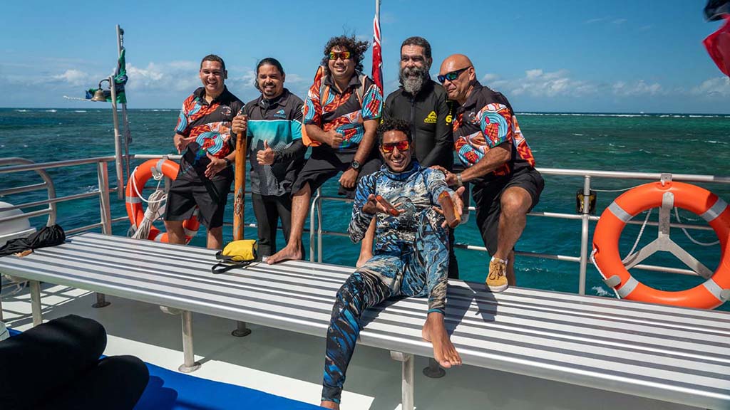 Great barrier reef dreamtime staff with to rangers credit brad fisher ikatere photography