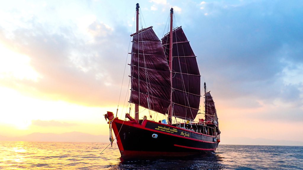 7 the junk liveaboard thailand aerial boat view sunset